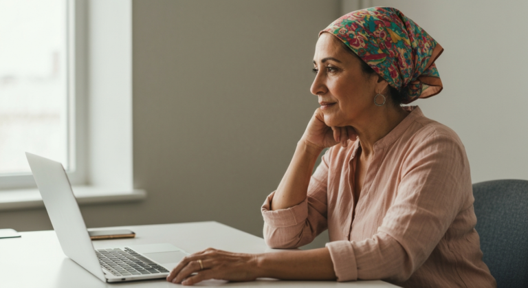 Woman with olive skin and colourful headscarf sitting reflectively at a modern office desk — menopause restless legs