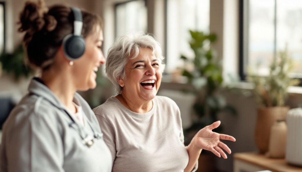 Plus-size woman with short silver-grey hair laughing with a healthcare professional at a community exercise class, menopause skin dryness support