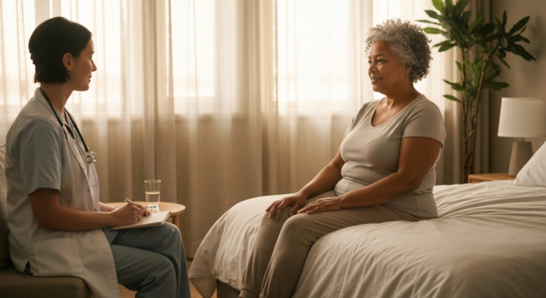 Woman with medium brown skin and short silver-grey hair sitting with a healthcare professional in a calm, light-filled bedroom discussing menopause metabolism changes.