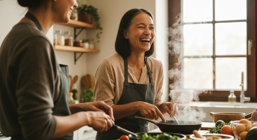 Woman with light brown skin and sleek bob cooking and laughing with a close friend in a warm kitchen — menopause stress
