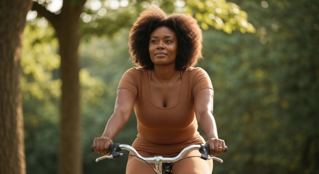 A Black woman in her mid-40s with natural afro hair cycling on a tree-lined path — exploring menopause supplements and wellbeing.