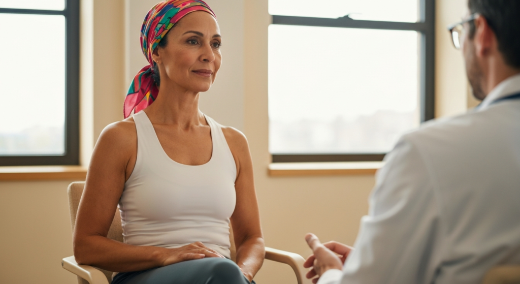 Woman with olive skin and colourful headscarf in a bright clinic, calmly discussing menopause tearfulness and emotional symptoms with her doctor.