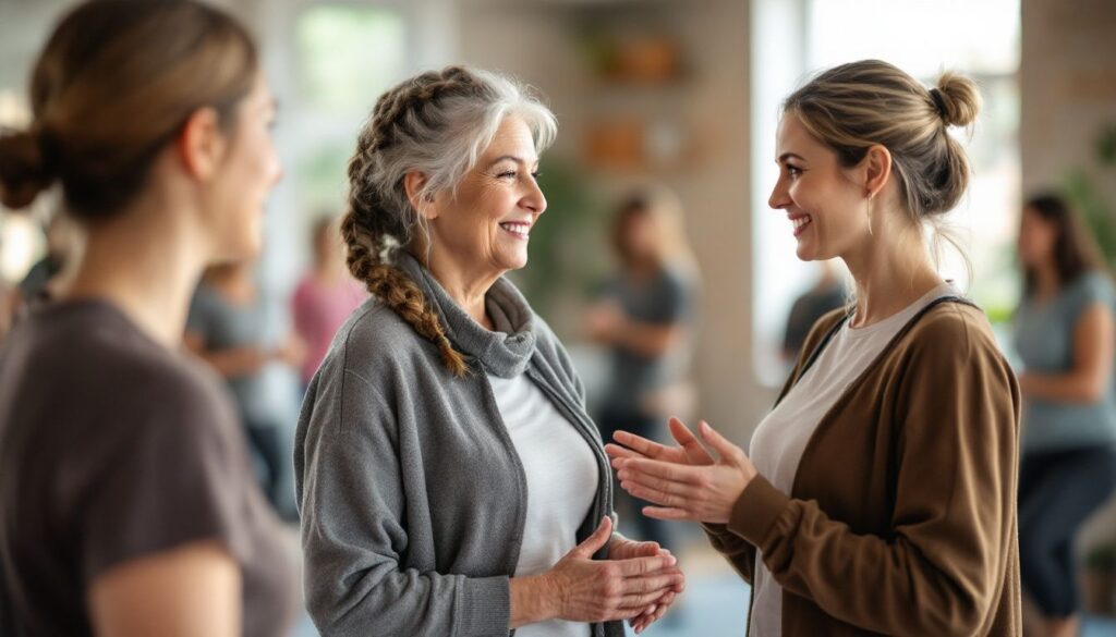 Woman with long braids at a community exercise class speaking with a healthcare professional about menopause tingling symptoms