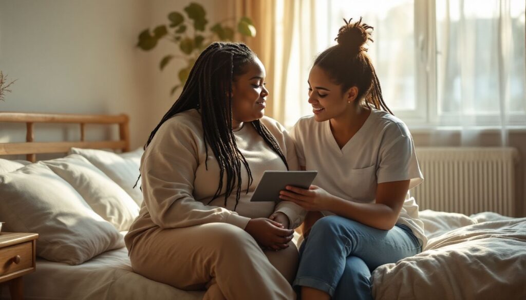 A woman with medium brown skin and long braids sits in a calm bedroom consulting a female healthcare professional about menopause tinnitus.