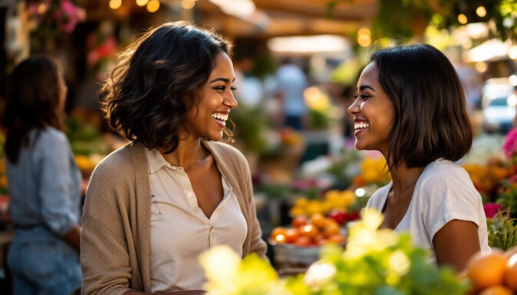 A woman in her late 40s with dark skin and shoulder-length hair laughing with a friend at a colourful outdoor market — menopause vaginal dryness support