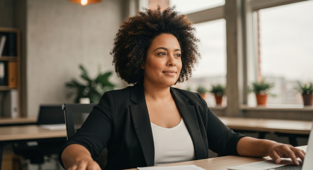 A reflective woman with olive skin and natural afro hair sits at her office desk, quietly self-possessed — illustrating menopause vaginal infections topic.