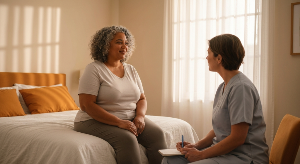 A plus-size woman with medium brown skin and salt-and-pepper curls talks with a healthcare professional in a calm, light-filled bedroom about menopause vision changes.