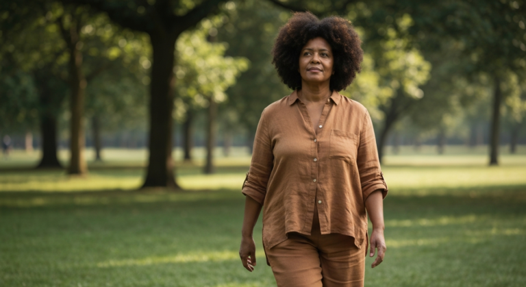 A woman with deep brown skin and natural afro hair walks reflectively through a green park — menopause night sweats and sleep