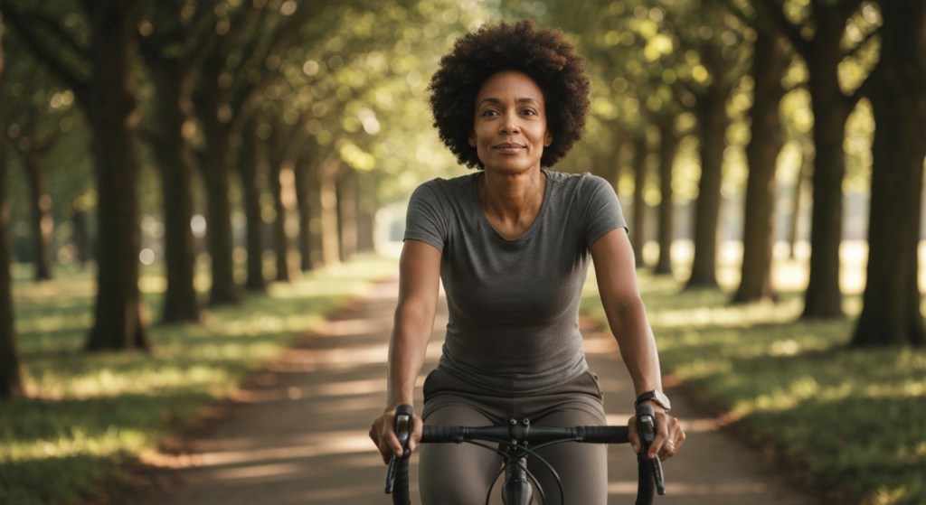 Woman with deep brown skin and natural afro hair cycling alone on a tree-lined path — reflecting on painful sex in menopause and GSM