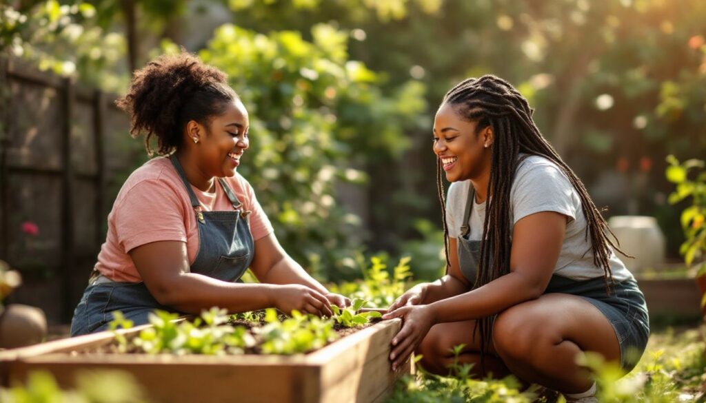 Young woman with light brown skin and locs gardening with a close friend outdoors, warm sunlight, PCOS skin health