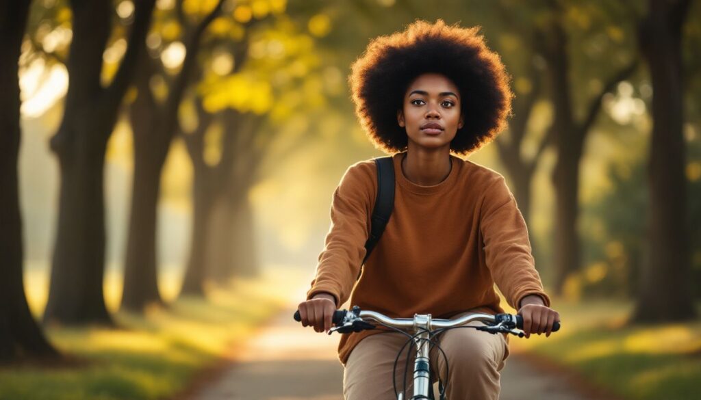 Young Black woman with natural afro cycling on a tree-lined path — PCOS and menopause in midlife