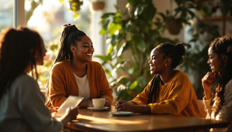A plus-size woman with medium brown skin and long braids laughing with friends at a café — illustrating life with PCOS and anovulation