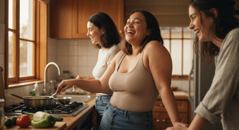 Young woman with light brown skin cooking with a friend in a warm kitchen, illustrating everyday life with PCOS bloating