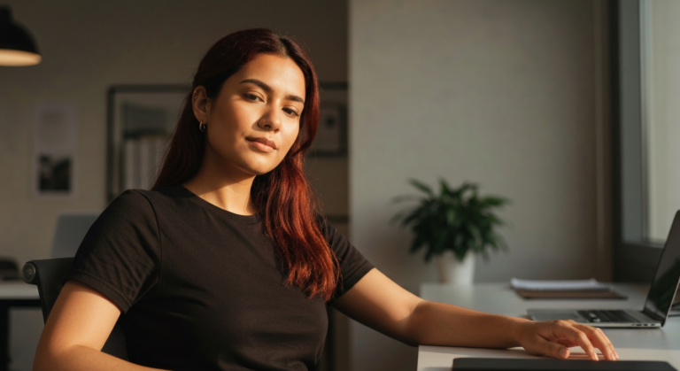 Young woman with olive skin and auburn hair sitting reflectively at a modern office desk, representing PCOS body confidence