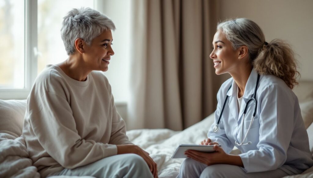 A woman with medium brown skin and short silver-grey hair talks with a healthcare professional in a calm, light-filled bedroom about PCOS brain fog.