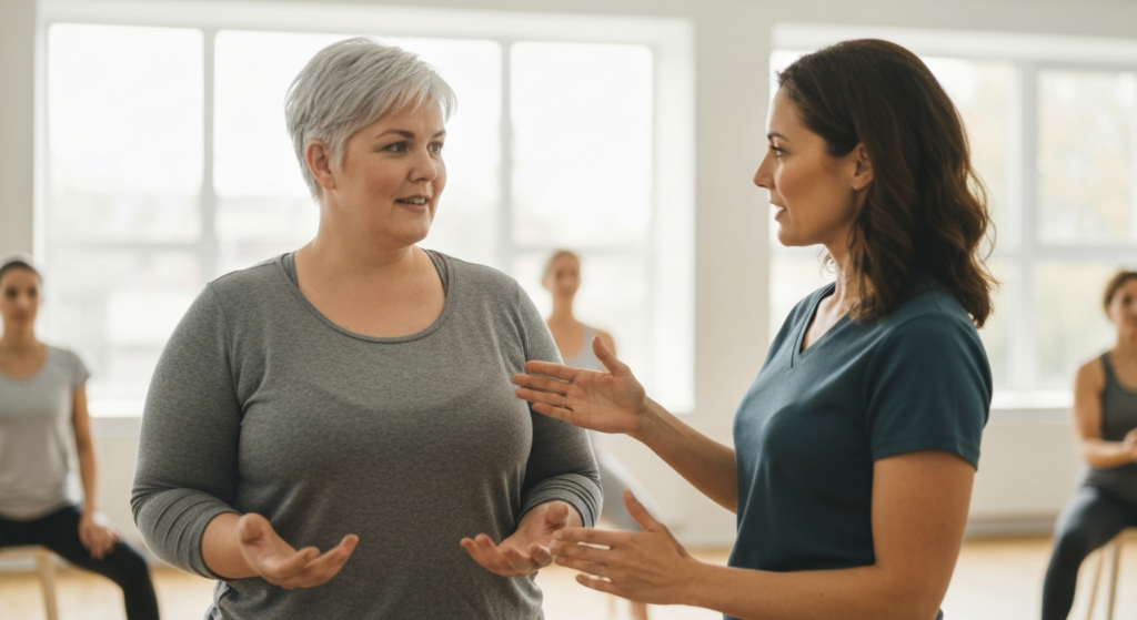Plus-size woman with short silver-grey hair talking with a healthcare professional at a community exercise class, PCOS cravings and appetite support