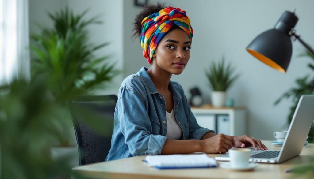 Young woman with warm olive skin and colourful headscarf sitting reflectively at a modern office desk — PCOS cystic acne