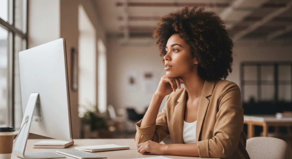 Young woman with olive skin and natural afro hair sitting at a modern office desk, looking reflective — representing PCOS and depression