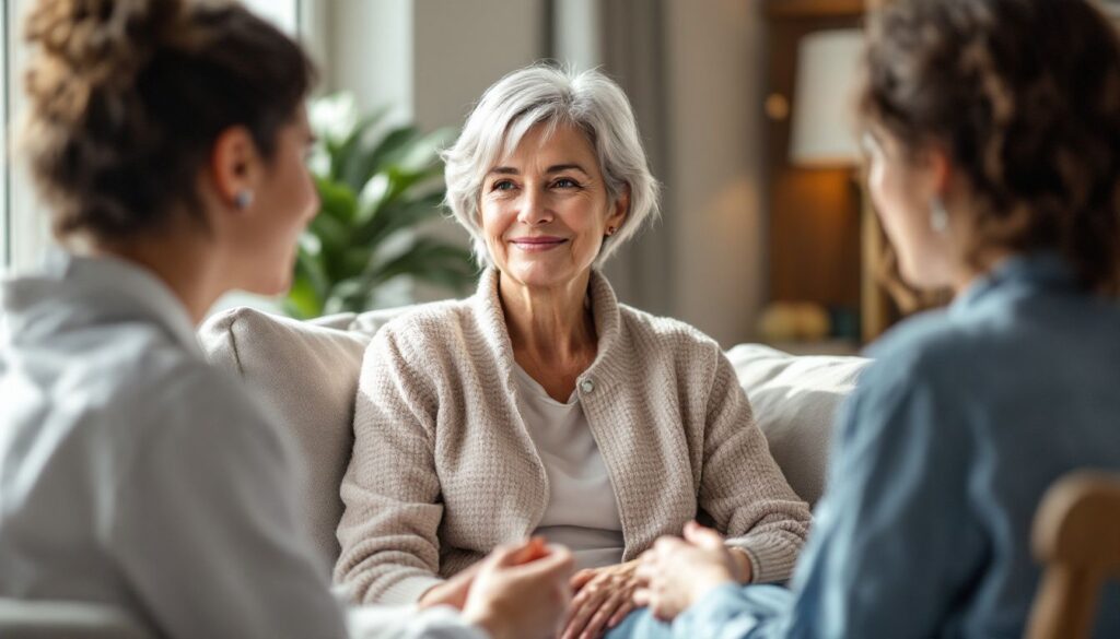 Woman with short silver-grey hair talking with a healthcare professional on a sofa, illustrating PCOS diagnosis conversation