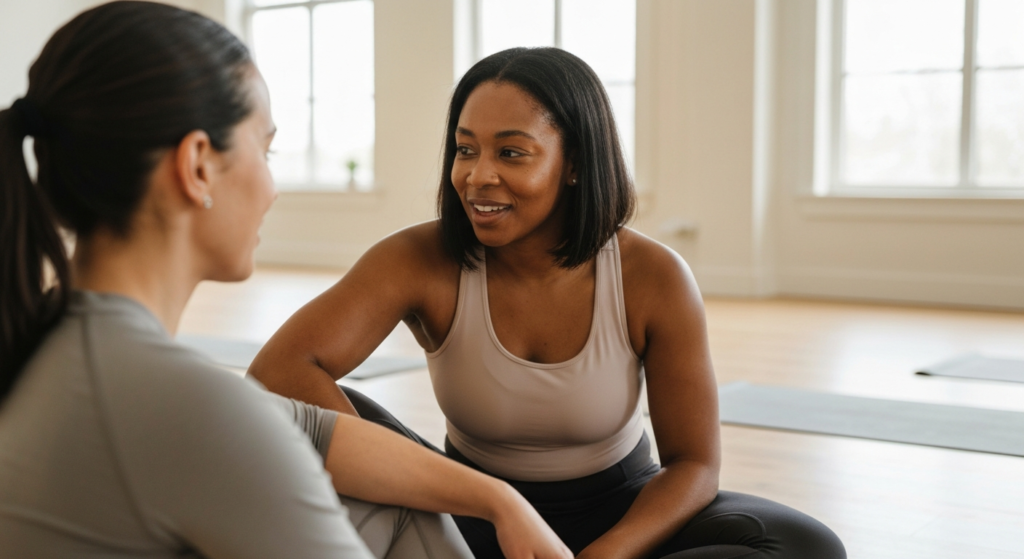 A woman with dark-brown skin and shoulder-length dark hair talks with a close friend in a bright pilates studio — illustrating PCOS misdiagnosis and advocacy.