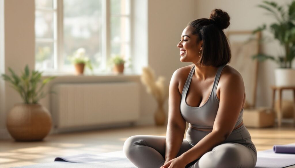 Woman with PCOS sitting in a bright yoga studio with a close friend, looking relaxed and energised — illustrating PCOS energy crashes and recovery.