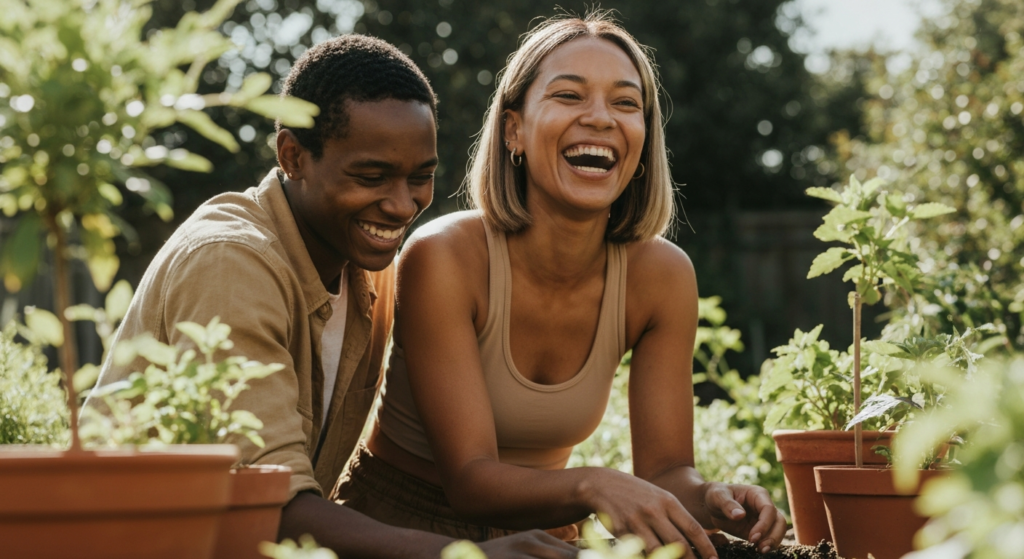 Young woman with light brown skin and a sleek bob laughing with a friend while gardening outdoors — PCOS facial hair removal guide