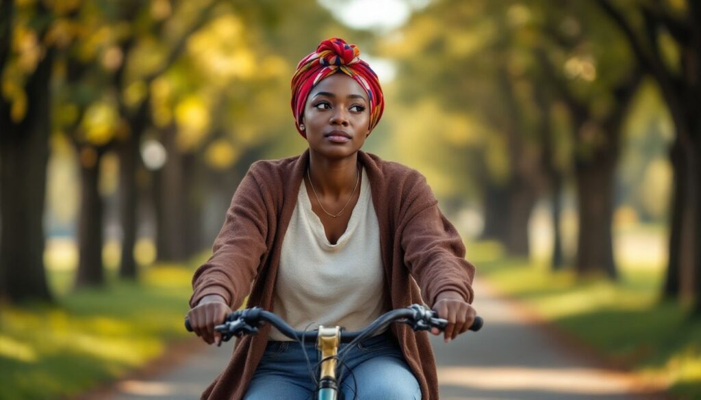 A reflective woman with deep brown skin and a colourful headscarf cycling alone on a sunlit tree-lined path — PCOS fertility anxiety