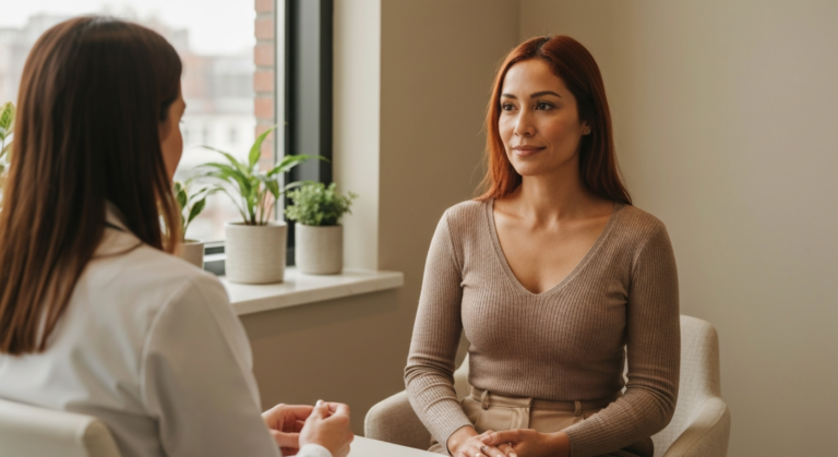 Woman with olive skin and auburn hair in a calm clinic consultation, talking with a doctor about getting pregnant with PCOS