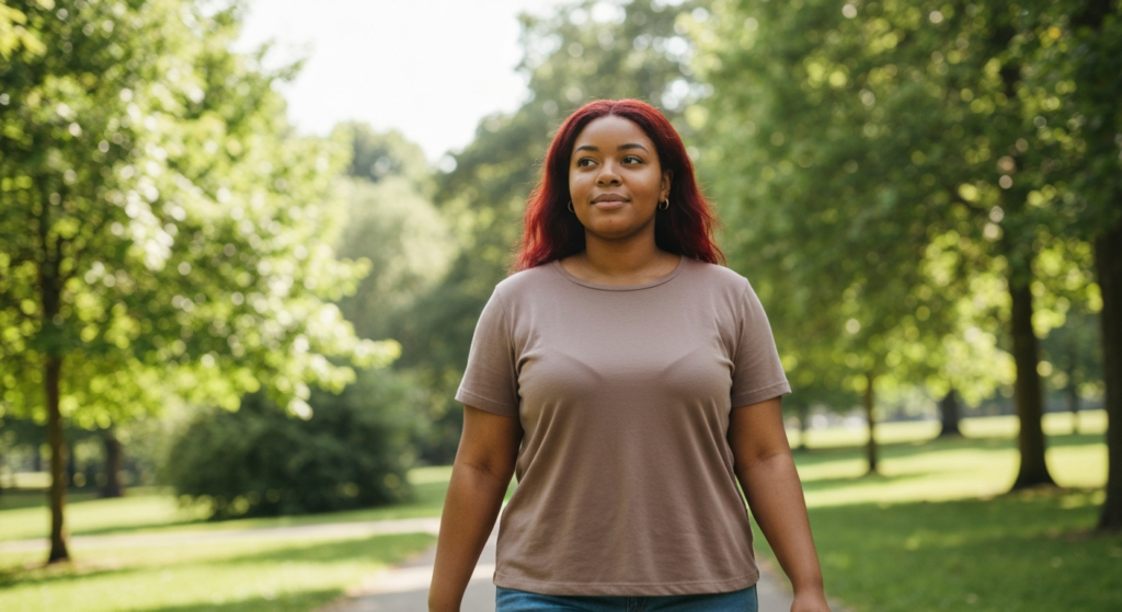 Young plus-size woman with deep brown skin and auburn hair walking reflectively through a green park — PCOS and GLP-1 treatment