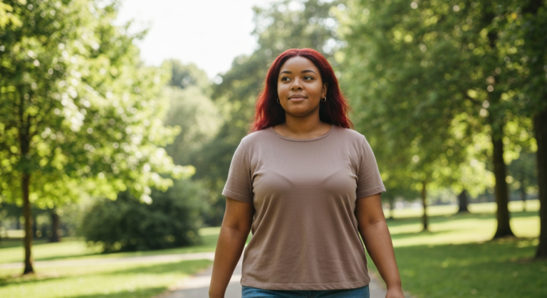 Young plus-size woman with deep brown skin and auburn hair walking reflectively through a green park — PCOS and GLP-1 treatment