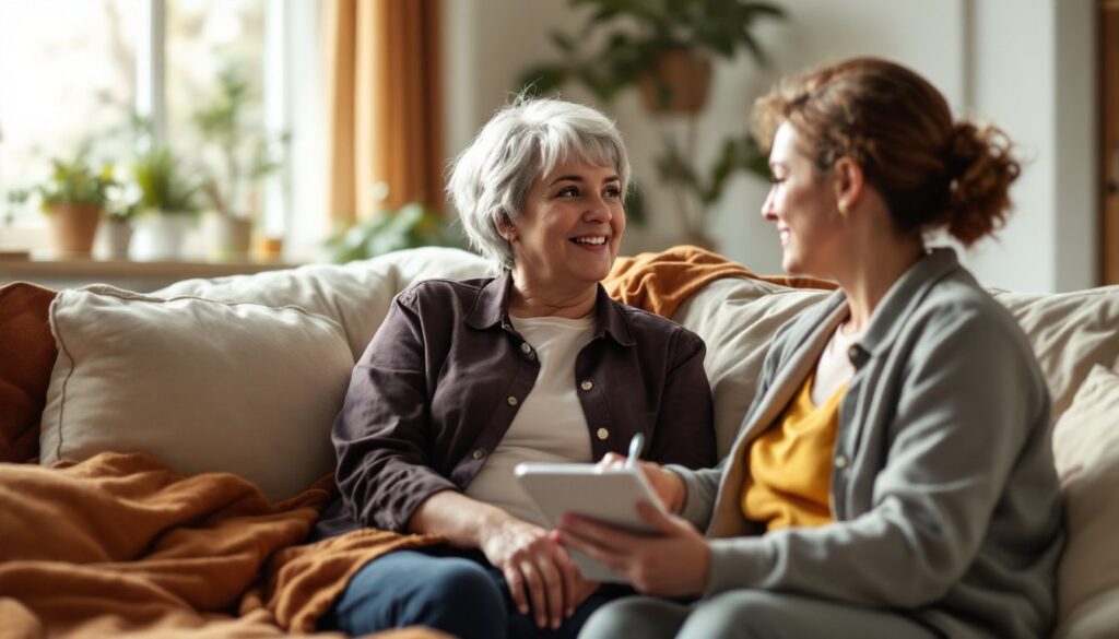 Young plus-size woman with short silver-grey hair talking with a healthcare professional on a bright sofa — PCOS hair loss support