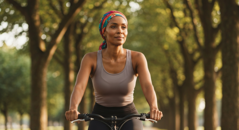 Woman with deep brown skin and colourful headscarf cycling on a tree-lined path — PCOS and heart health