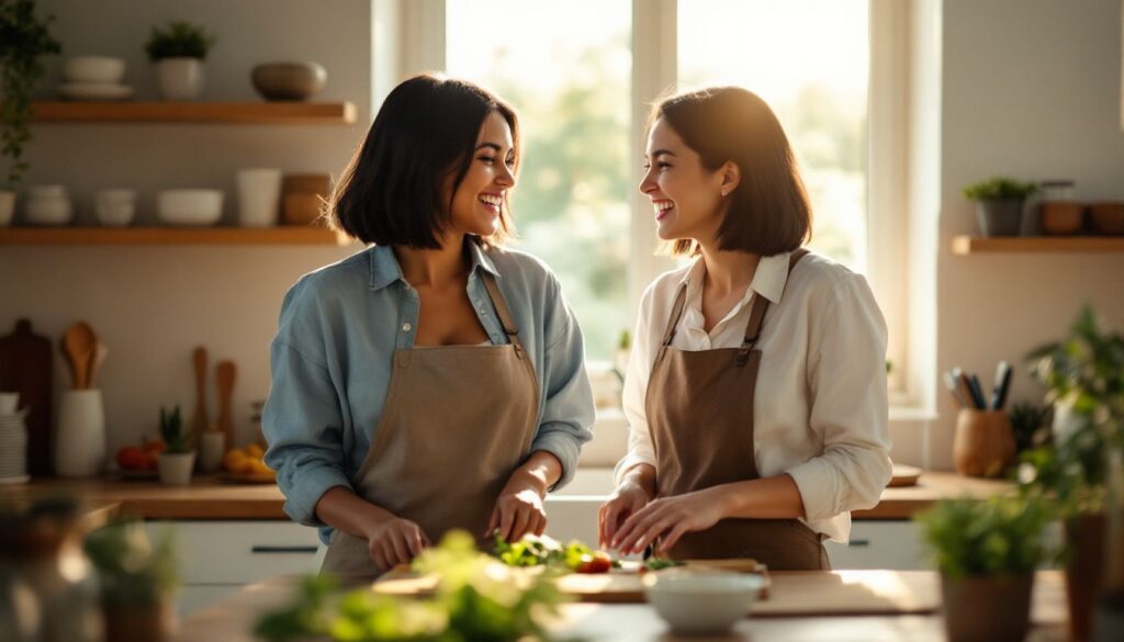 Young woman with light brown skin and a sleek bob cooking with a close friend in a warm, sunlit kitchen — illustrating life with PCOS hirsutism