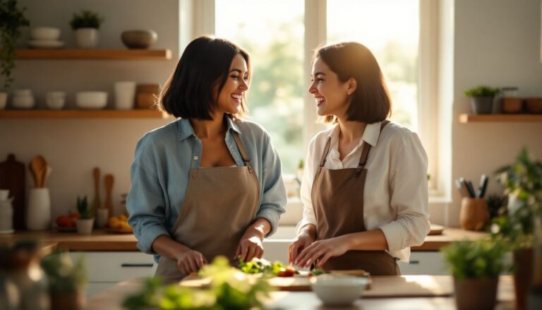 Young woman with light brown skin and a sleek bob cooking with a close friend in a warm, sunlit kitchen — illustrating life with PCOS hirsutism