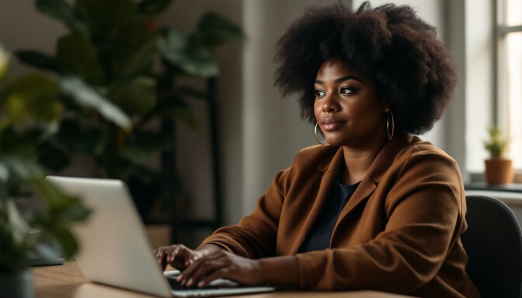 A reflective woman with olive skin and natural afro hair sits at a modern office desk, representing PCOS inositol treatment journeys.