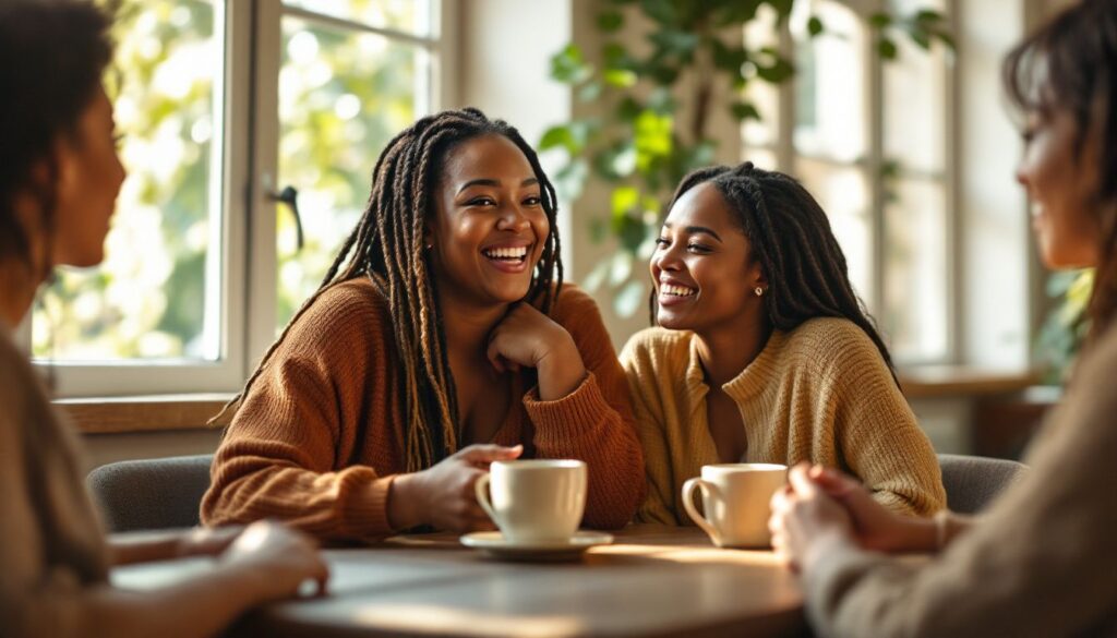 Young woman with medium brown skin and long braids laughing with friends at a café — illustrating life with PCOS insulin resistance