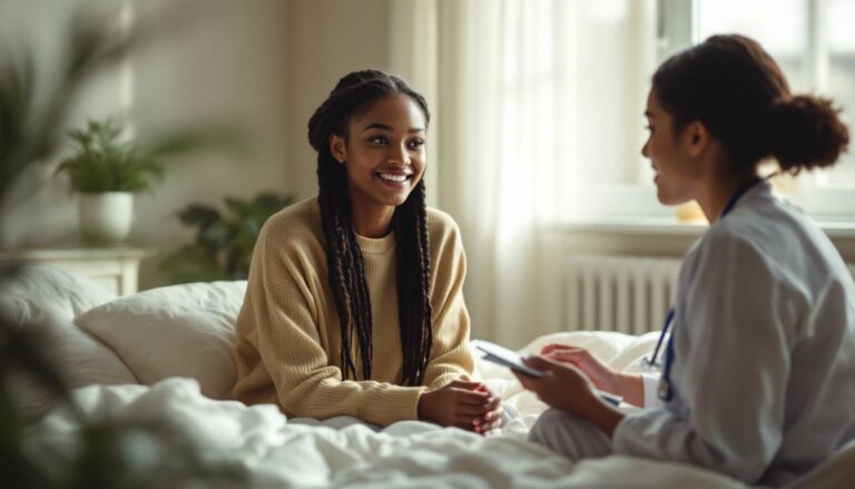 Young woman with medium brown skin and long braids talking with a healthcare professional in a calm, light-filled bedroom — PCOS and low libido