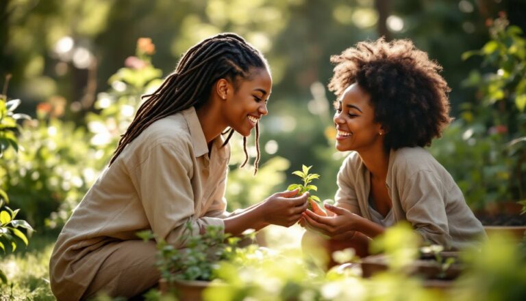 Woman with locs gardening in the sun with a close friend, representing hope and resilience with PCOS miscarriage risk