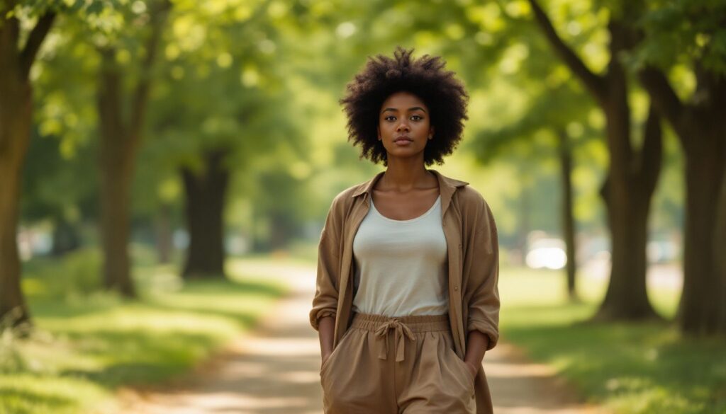 Young Black woman with natural afro hair walking reflectively through a green park, illustrating PCOS and missing periods