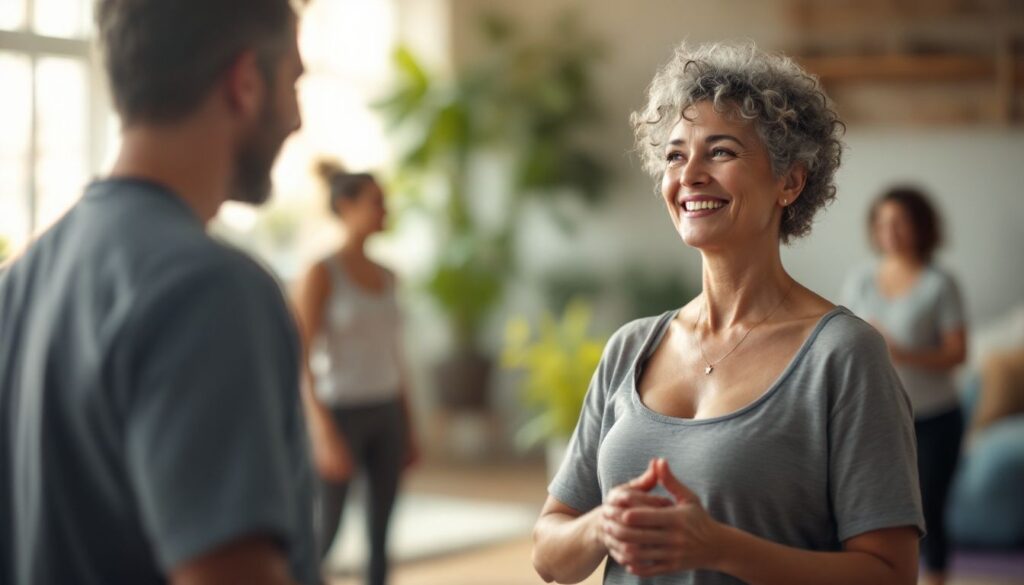 Woman with salt-and-pepper curls at a community exercise class talking with a healthcare professional about PCOS mood swings