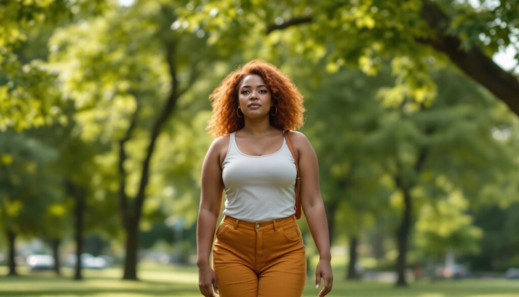 A woman with deep brown skin and auburn hair walking reflectively through a green park — representing self-advocacy in PCOS care.