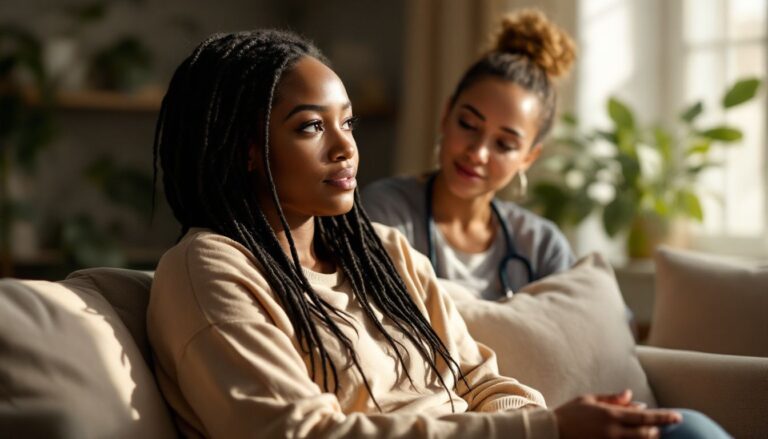 A woman with long braids relaxing on a sofa in a bright living room, in supportive conversation about PCOS and pregnancy grief.
