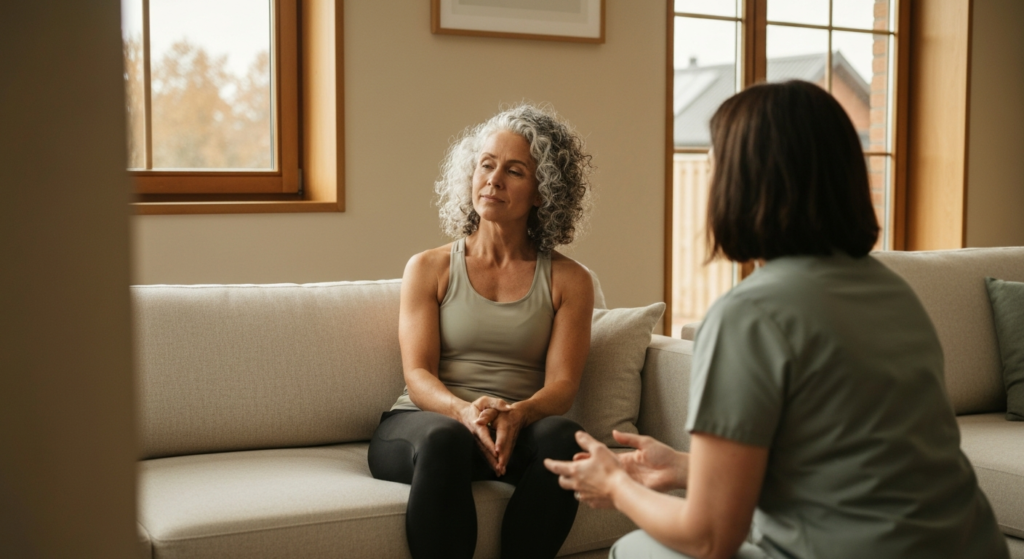 Young woman with salt-and-pepper curls relaxing on a bright sofa, talking with a healthcare professional about PCOS self-blame and identity.