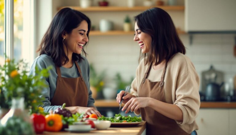 Two women with light brown skin cooking together in a warm kitchen, smiling – illustrating PCOS skin health and wellbeing