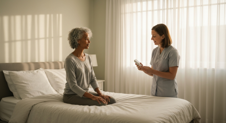 Woman with PCOS discussing sleep apnea diagnosis with a healthcare professional in a calm, light-filled bedroom