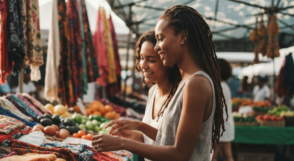 Young woman with dark-brown skin and locs laughing with a friend at a colourful outdoor market — illustrating life with PCOS treatment