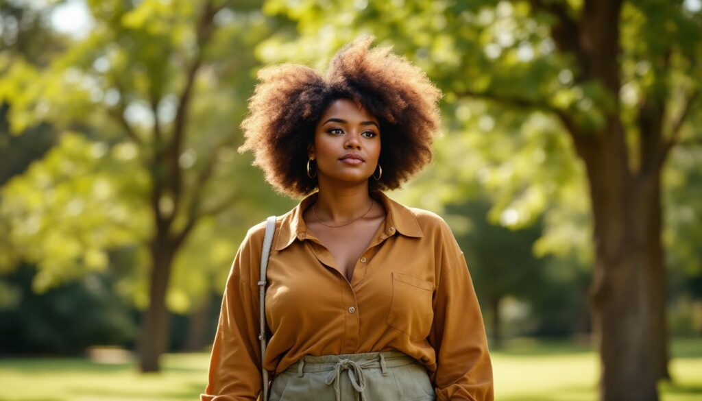 Woman with natural afro hair walking reflectively through a green park, representing understanding the different types of PCOS