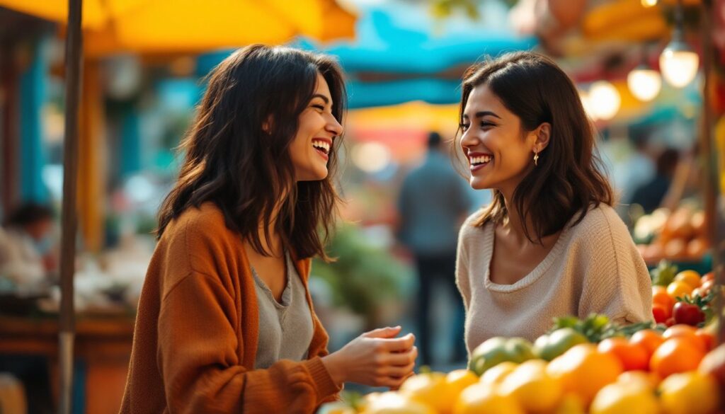 Young woman with dark skin and shoulder-length hair laughing with a friend at a colourful outdoor market — PCOS weight gain explained