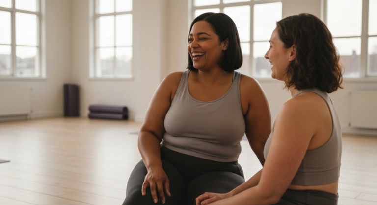Plus-size Black woman with sleek bob laughing with a friend in a bright yoga studio — PCOS endometrial risk awareness