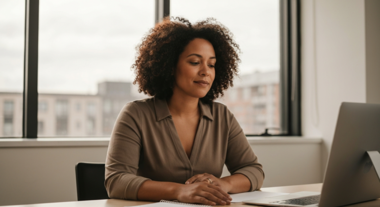 A 44-year-old woman with olive skin and natural afro hair sits reflectively at a modern office desk — perimenopause alcohol intolerance